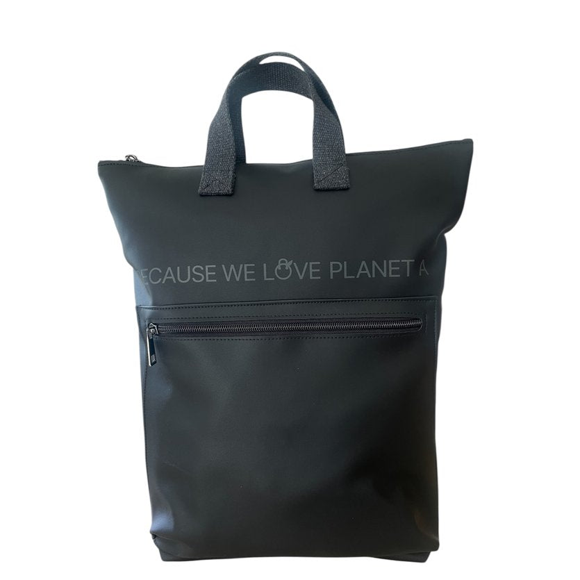 Black backpack with a visible brand name on a white background