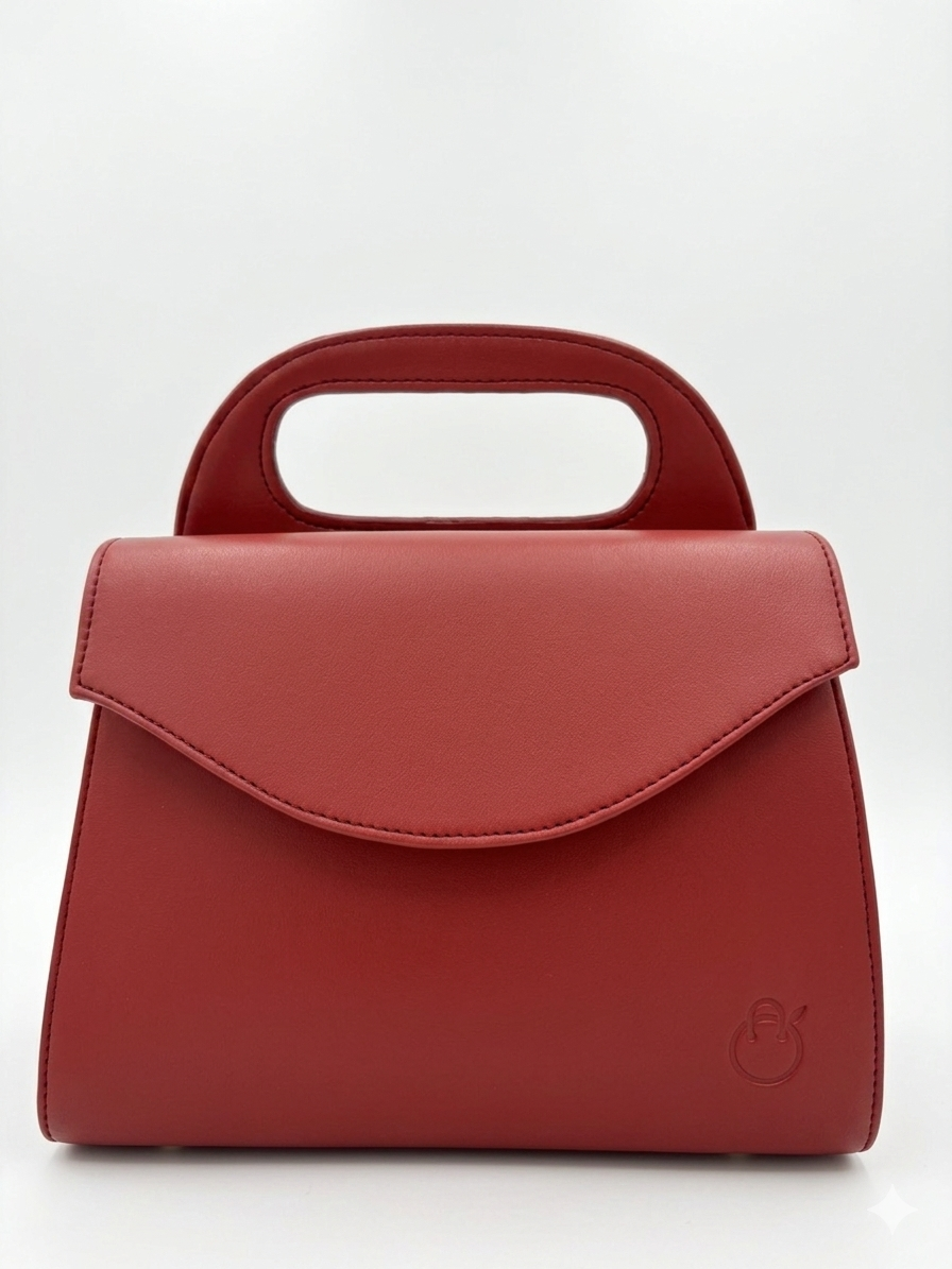 Red handbag with a small handle on a white background