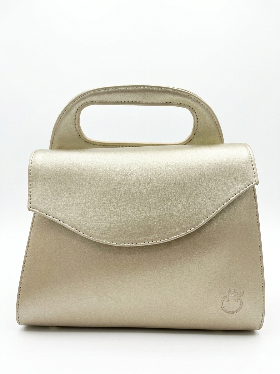 Beige handbag with a small handle on a white background